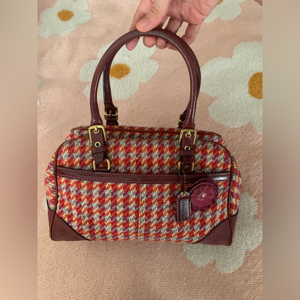 Vintage Coach Hamptons top handle Houndstooth Tweed/Suede Purse